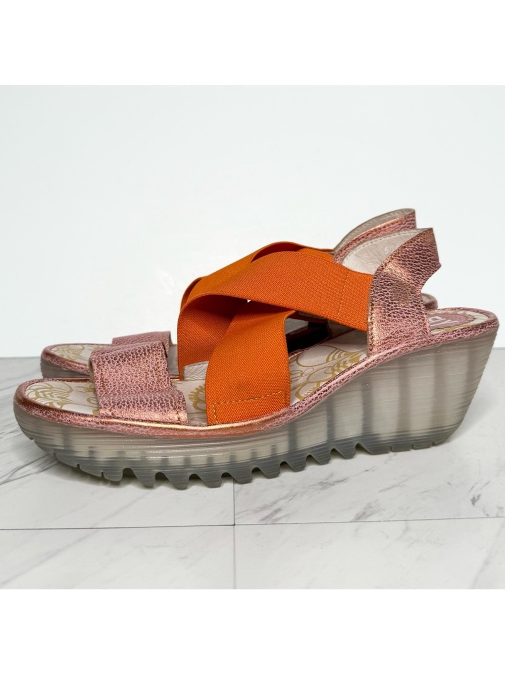 Fly London Yaji Cross Orange Wedge Sandal 39